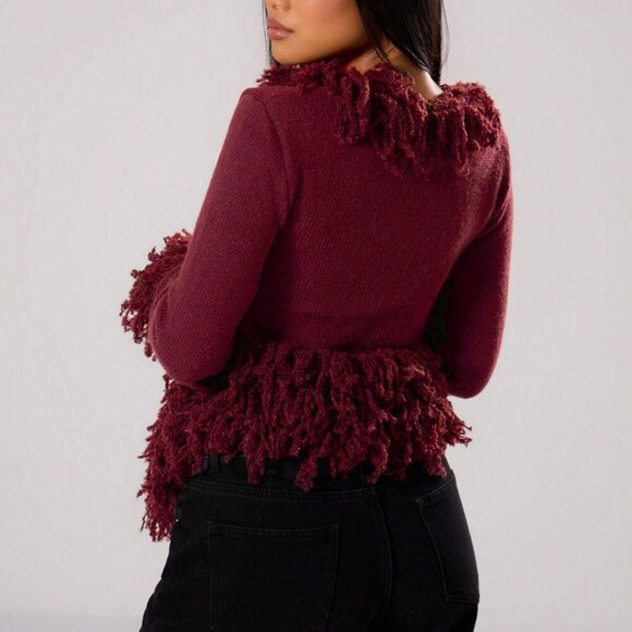 Burgundy Casual Women's Shaggy fringe detailed Knit Cardigan - Picture 3 of 5